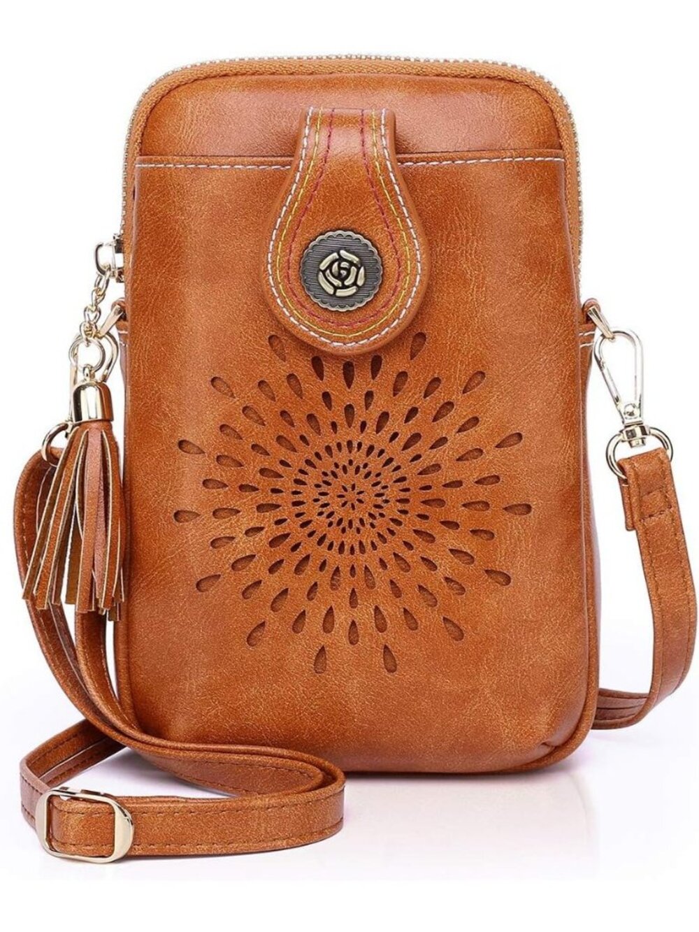 Women's Brown Small Crossbody Bag Leather Phone Purse With Adjustable Strap
